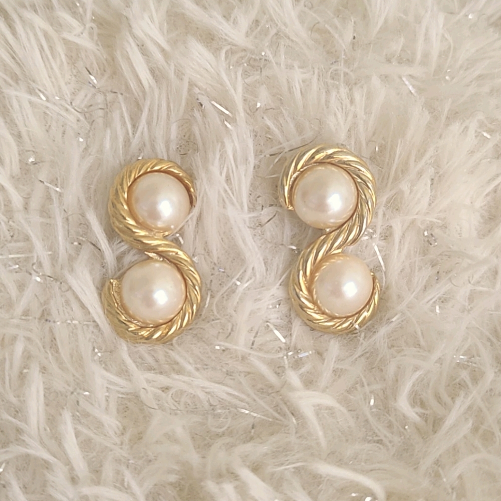 Gold Tone Double Faux Pearl Earrings